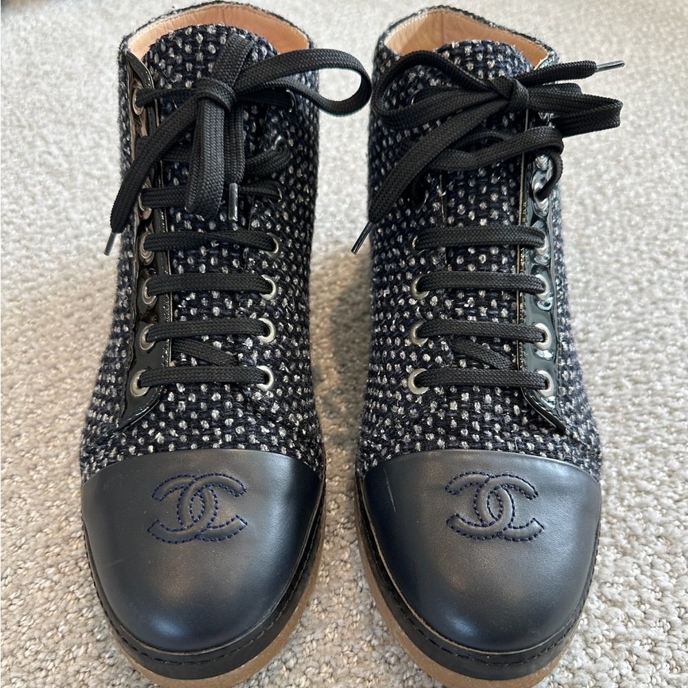 Chanel Tweed Lace-Up Ankle Booties